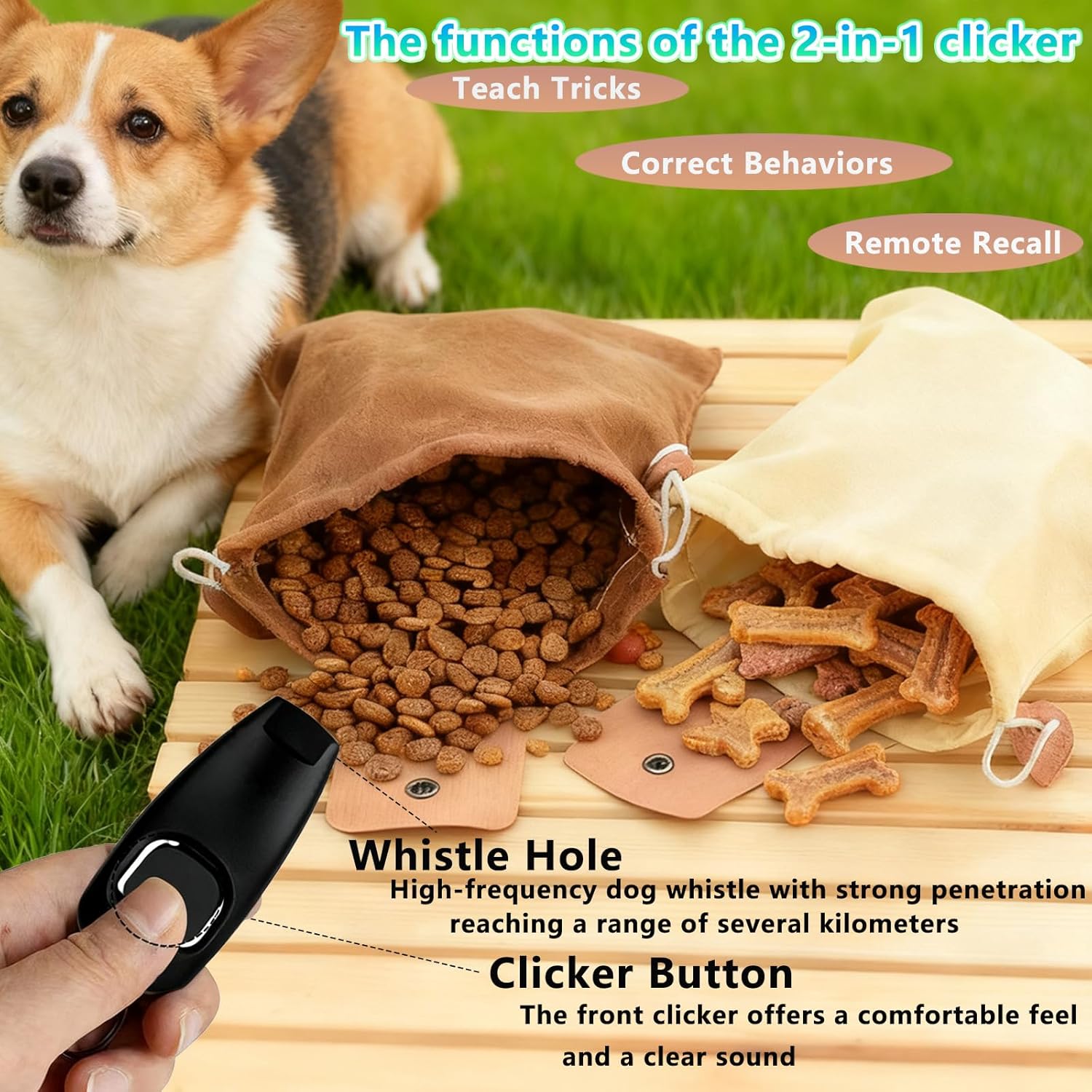 Dog Treat Pouch with Training Clicker & Whistle - Stylish & Portable Large-Capacity Foldable Pet Training Pouch with Wlastic Belt for Outdoor Use/Pet Training (Brown)