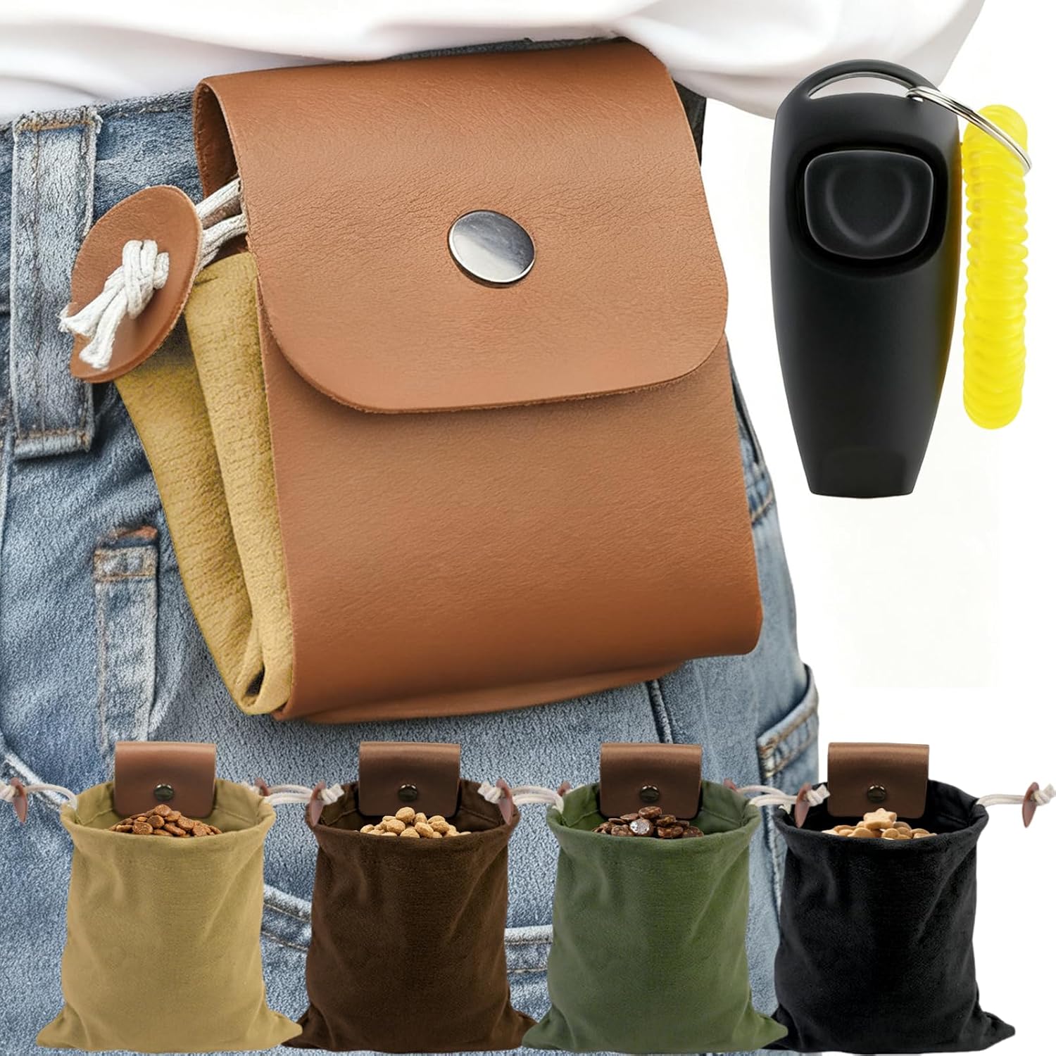 Dog Treat Pouch with Training Clicker & Whistle - Stylish & Portable Large-Capacity Foldable Pet Training Pouch with Wlastic Belt for Outdoor Use/Pet Training (Brown)