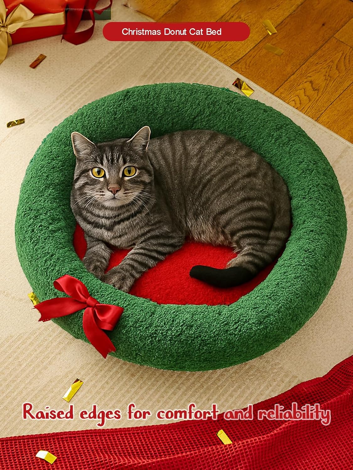 Christmas Tree Triangle Cat Cave Bed, Festive Pet Hideout with Plush Cushion,Cozy Semi-Enclosed Winter Bed with Wide Entrance,Holiday Home Décor for Cats & Small Pets (Circle, M)