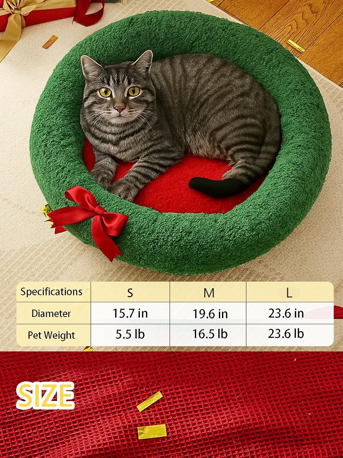 Christmas Tree Triangle Cat Cave Bed, Festive Pet Hideout with Plush Cushion,Cozy Semi-Enclosed Winter Bed with Wide Entrance,Holiday Home Décor for Cats & Small Pets (Circle, M)