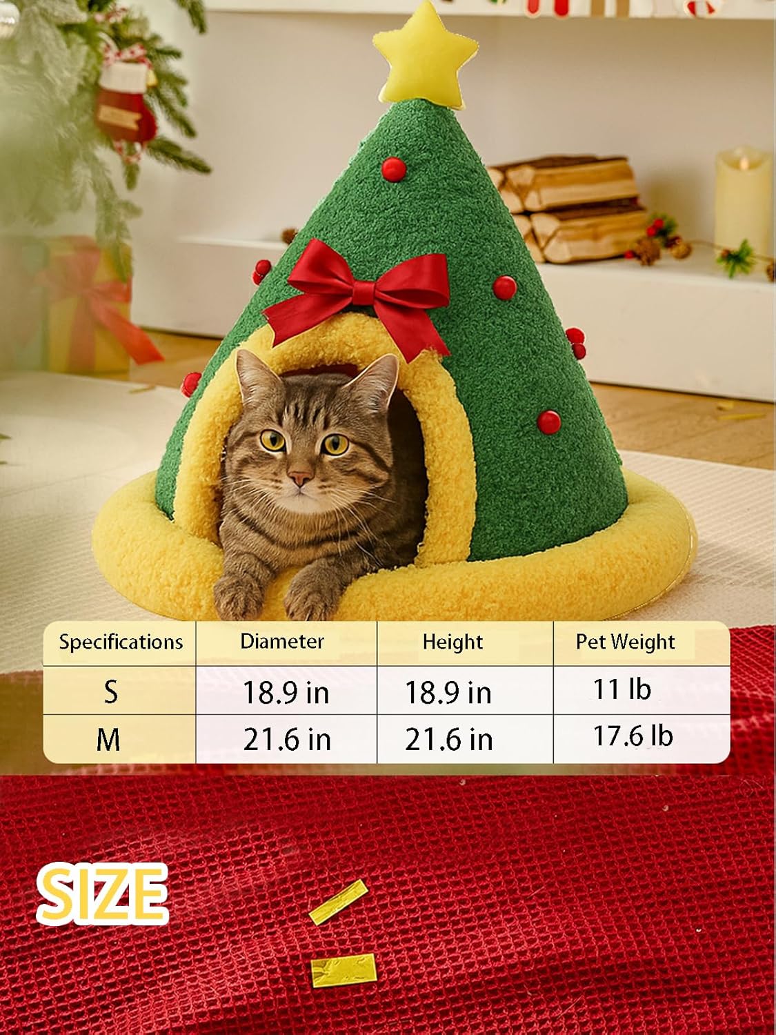 Christmas Tree Triangle Cat Cave Bed, Festive Pet Hideout with Plush Cushion,Cozy Semi-Enclosed Winter Bed with Wide Entrance,Holiday Home Décor for Cats & Small Pets (Circle, M)