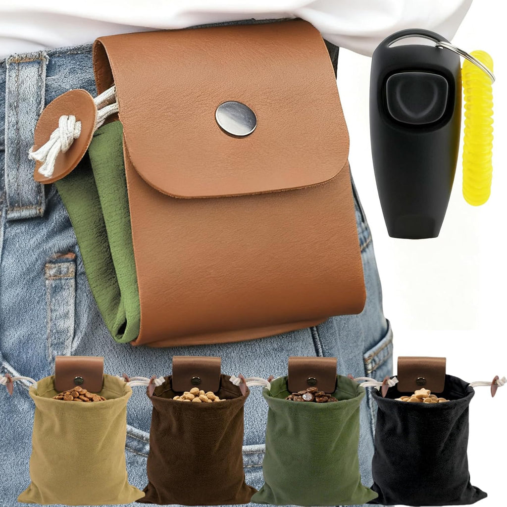 Dog Treat Pouch with Training Clicker & Whistle - Stylish & Portable Large-Capacity Foldable Pet Training Pouch with Wlastic Belt for Outdoor Use/Pet Training (Brown)