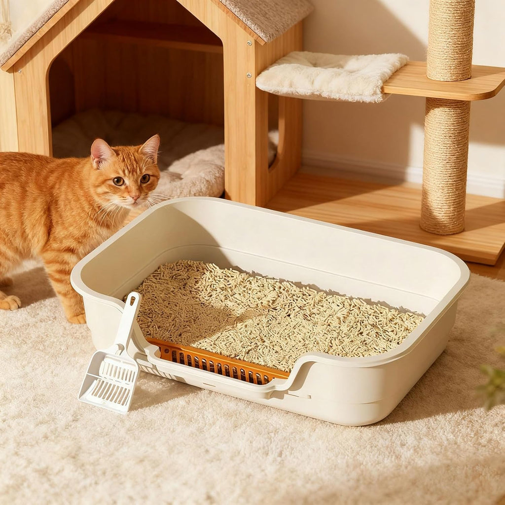 Semi Enclosed Cat Litter Box with Low Entry, High Wall Low Entry Litter Box for Indoor Cats, Litter Pan with High Sides for Indoor Pet Potty, Easy to Clean, Anti-Splashing (Grey)