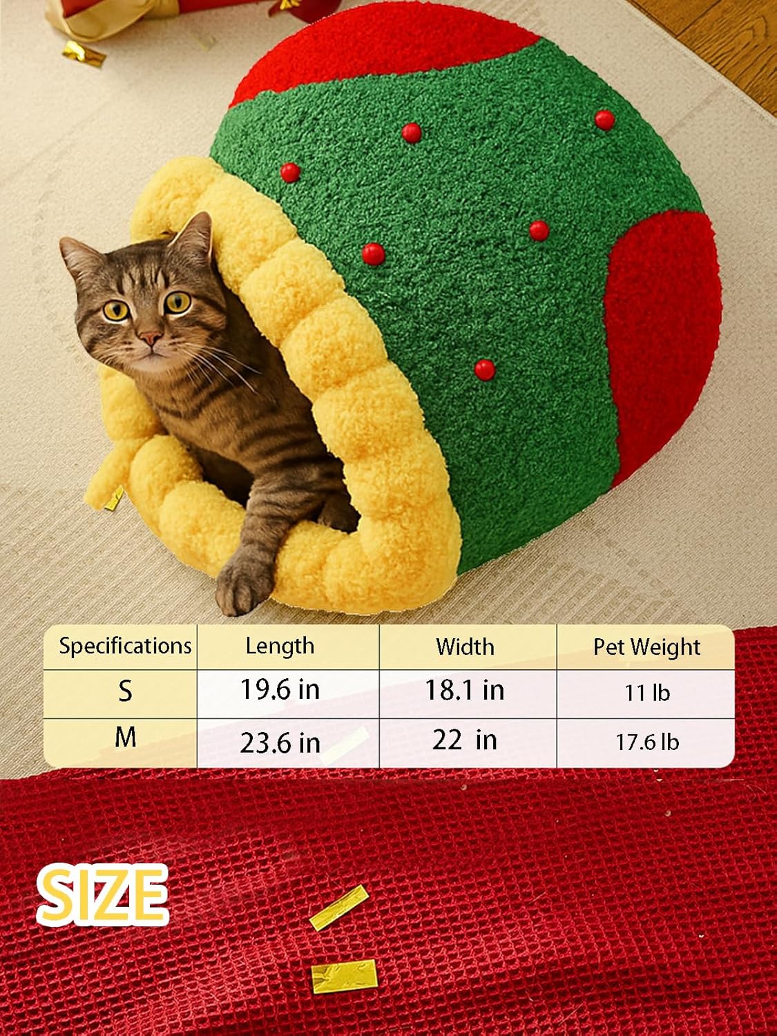 Christmas Tree Triangle Cat Cave Bed, Festive Pet Hideout with Plush Cushion,Cozy Semi-Enclosed Winter Bed with Wide Entrance,Holiday Home Décor for Cats & Small Pets (Circle, M)