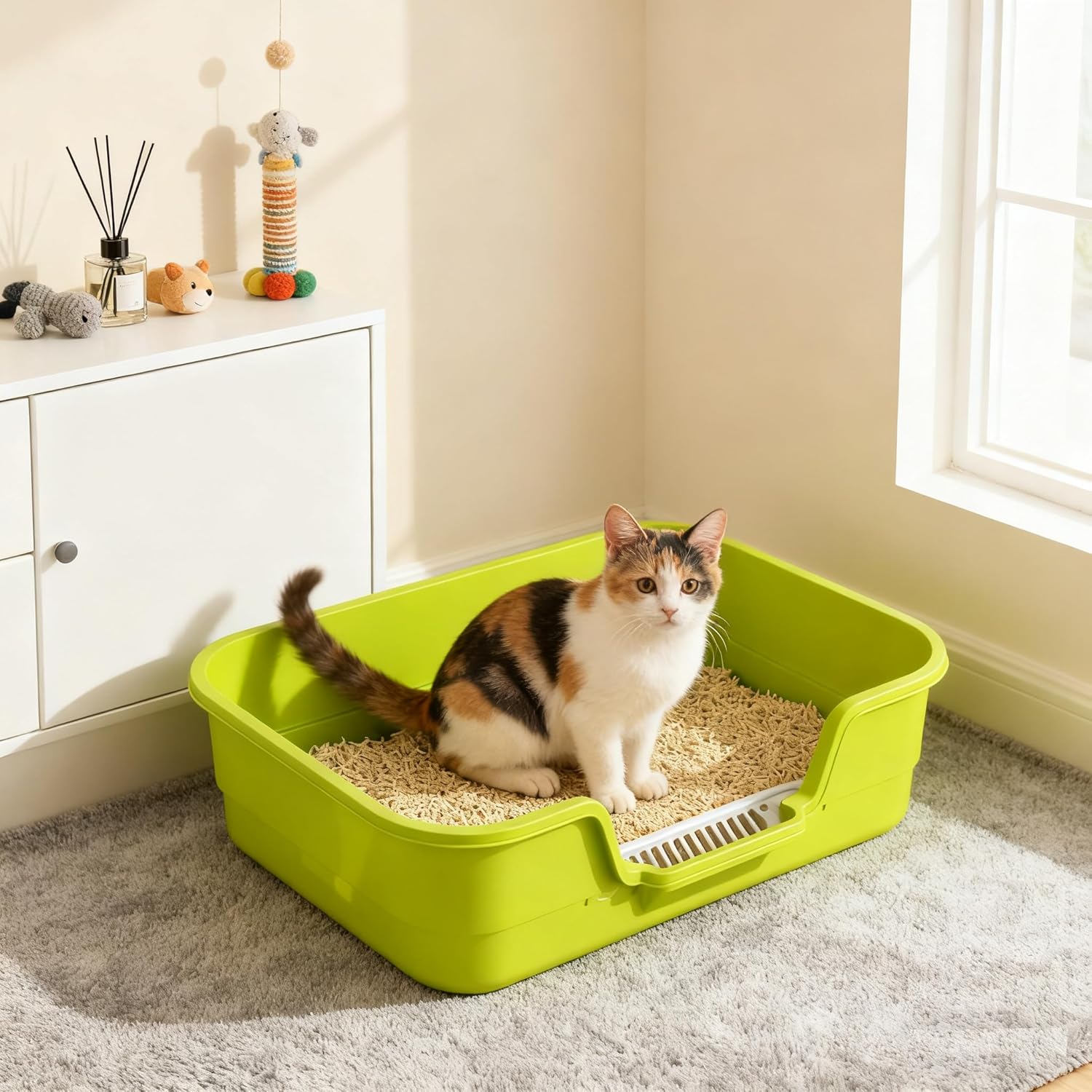 Semi Enclosed Cat Litter Box with Low Entry, High Wall Low Entry Litter Box for Indoor Cats, Litter Pan with High Sides for Indoor Pet Potty, Easy to Clean, Anti-Splashing (Grey)