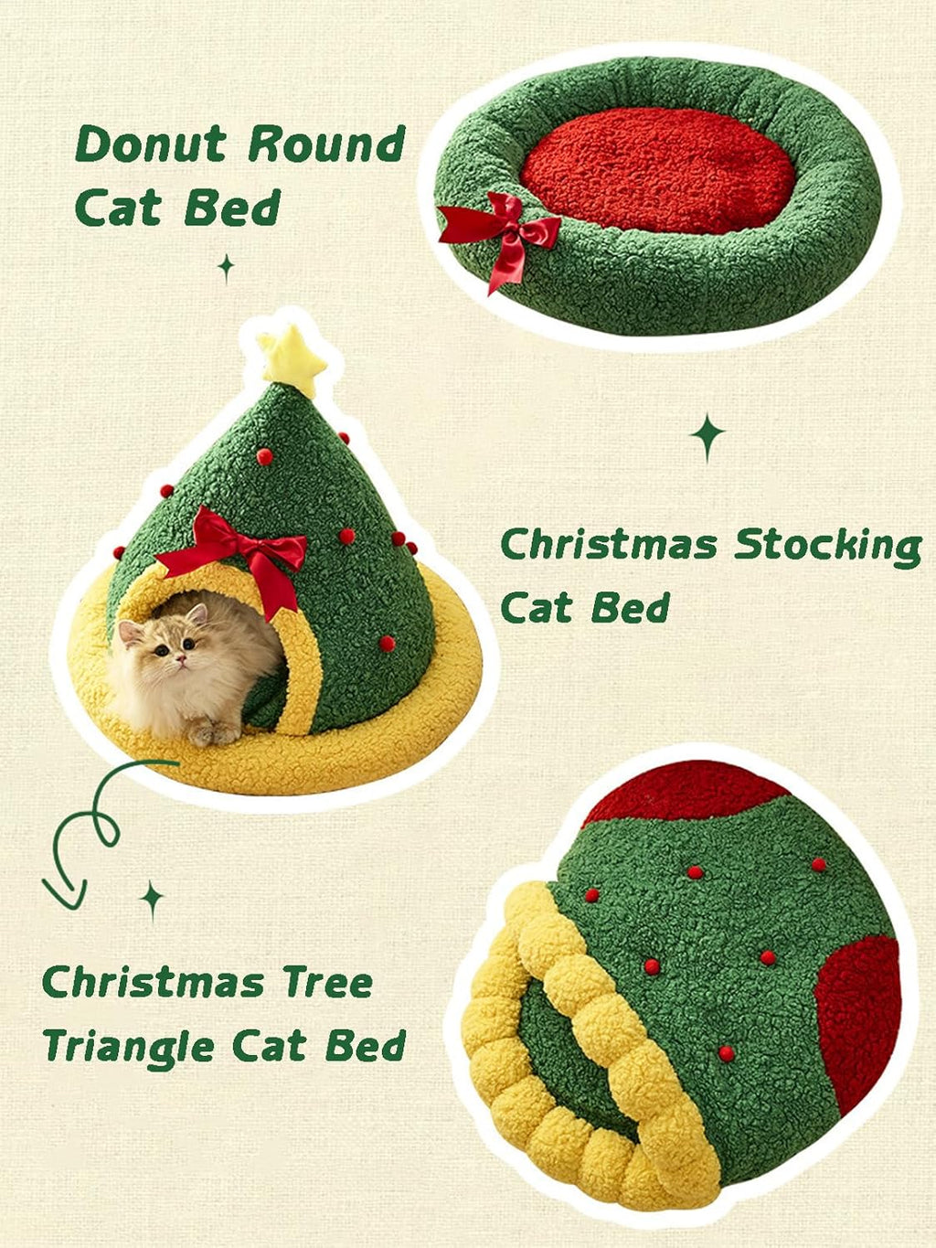 Christmas Tree Triangle Cat Cave Bed, Festive Pet Hideout with Plush Cushion,Cozy Semi-Enclosed Winter Bed with Wide Entrance,Holiday Home Décor for Cats & Small Pets (Circle, M)